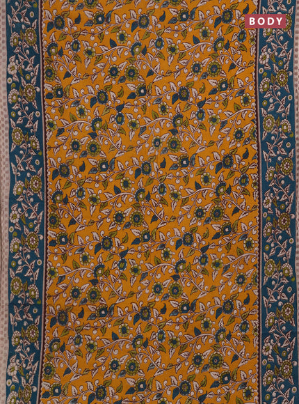 Kalamkari cotton saree mustard yellow and peacock green with allover prints and printed border