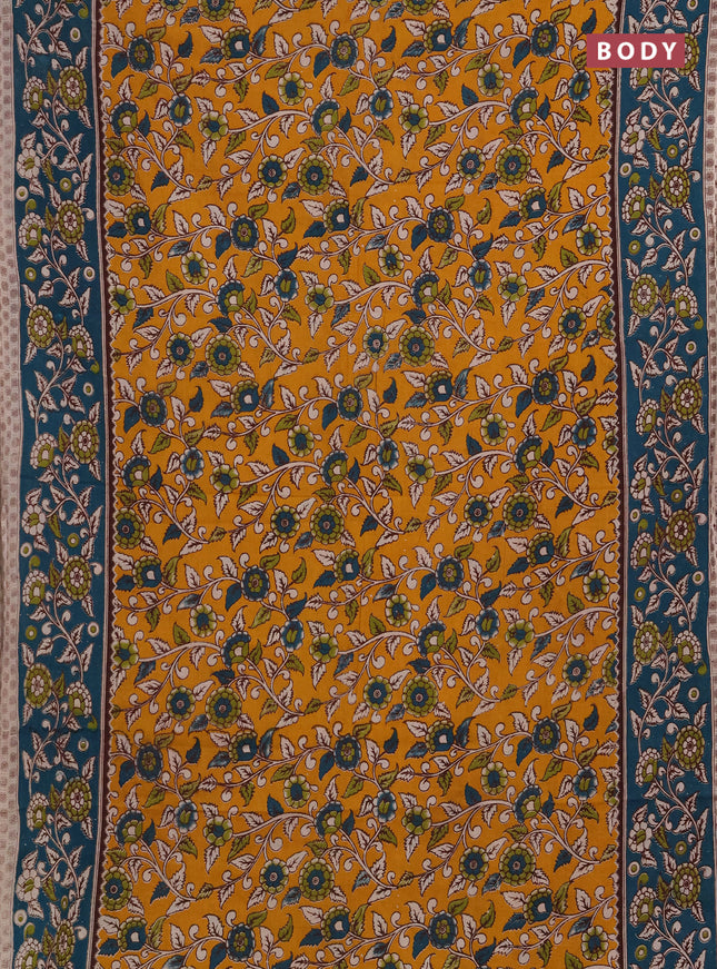 Kalamkari cotton saree mustard yellow and peacock green with allover prints and printed border
