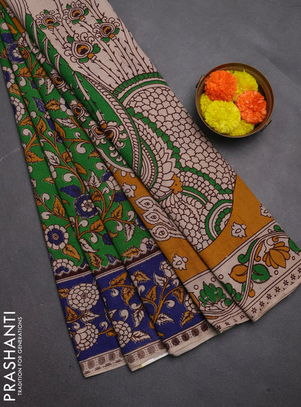 Kalamkari cotton saree light green and blue with allover prints and printed border