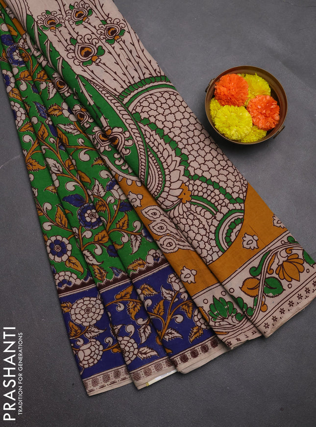 Kalamkari cotton saree light green and blue with allover prints and printed border
