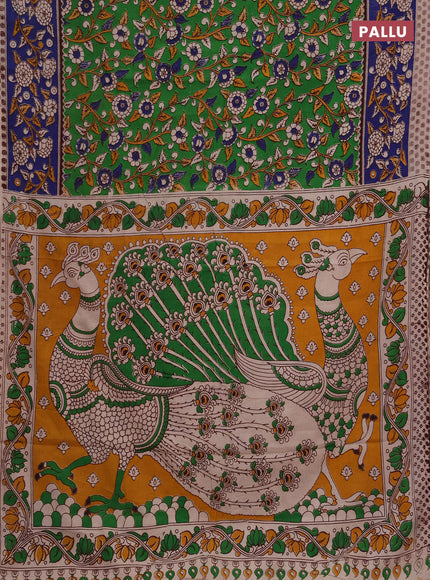 Kalamkari cotton saree light green and blue with allover prints and printed border