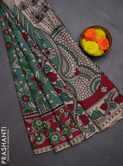 Kalamkari cotton saree pastel green and magenta pink with allover prints and printed border
