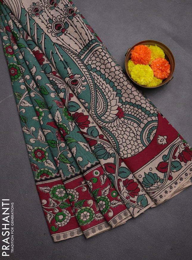 Kalamkari cotton saree pastel green and magenta pink with allover prints and printed border