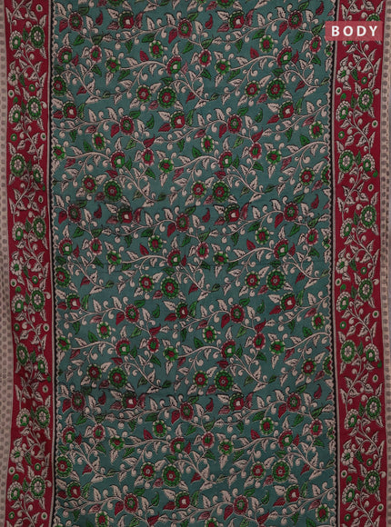 Kalamkari cotton saree pastel green and magenta pink with allover prints and printed border