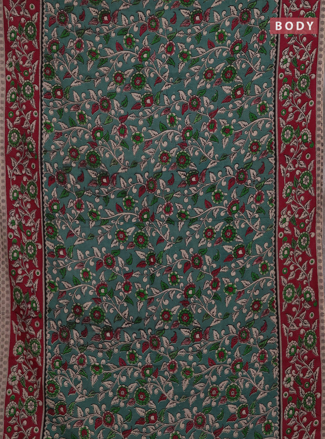 Kalamkari cotton saree pastel green and magenta pink with allover prints and printed border