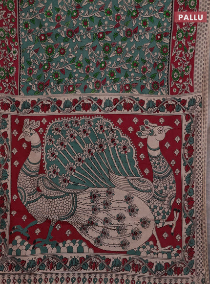 Kalamkari cotton saree pastel green and magenta pink with allover prints and printed border