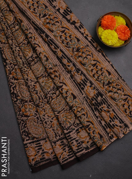 Kalamkari cotton saree coffee brown and black with allover block prints and printed border