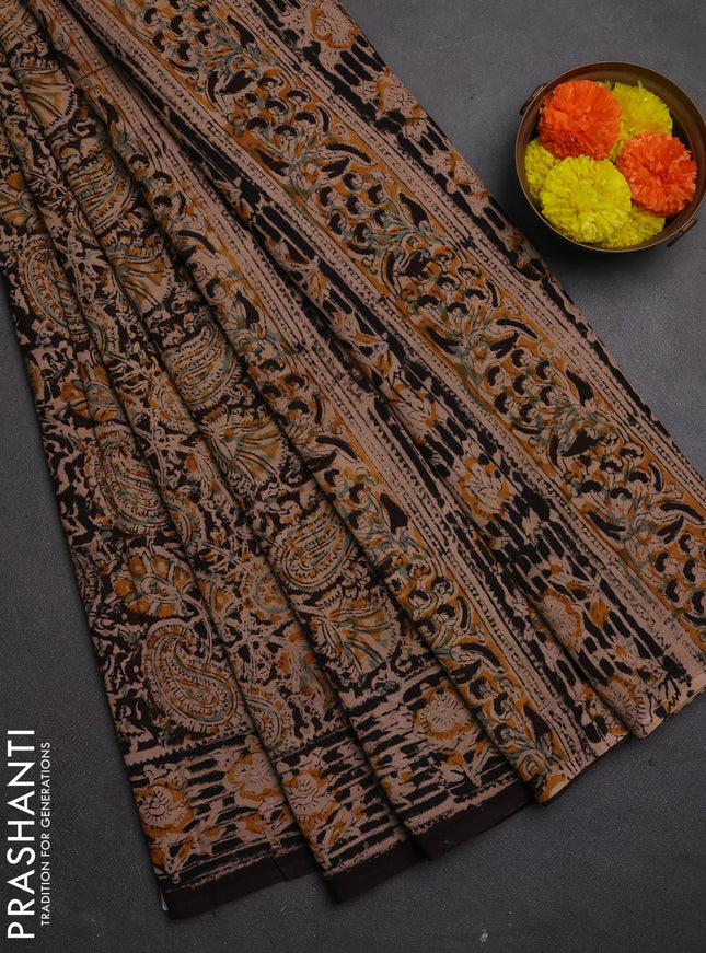 Kalamkari cotton saree coffee brown and black with allover block prints and printed border