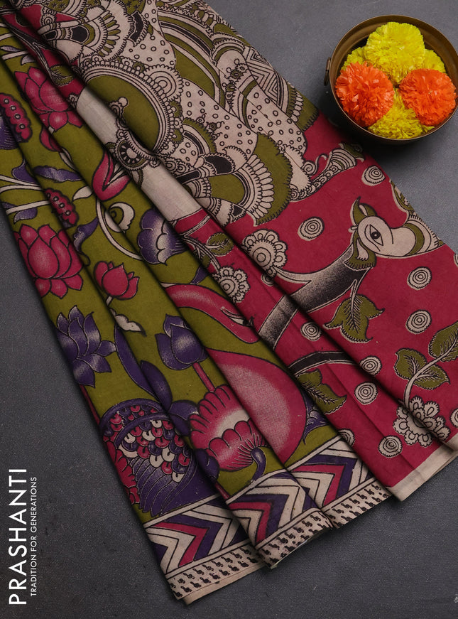 Kalamkari cotton saree mehendi green and purple with allover prints and printed border