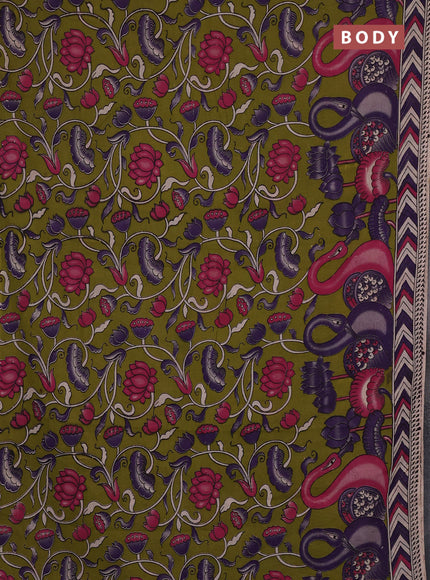 Kalamkari cotton saree mehendi green and purple with allover prints and printed border
