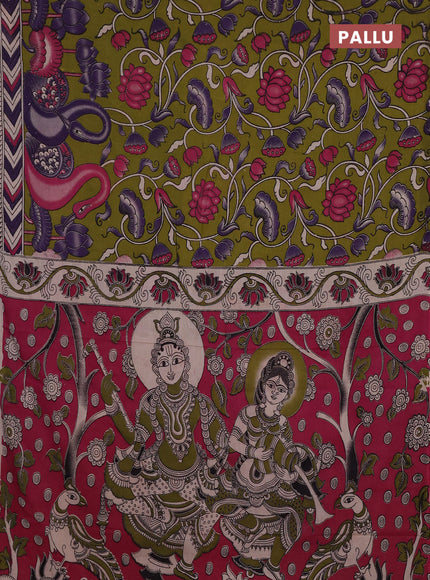 Kalamkari cotton saree mehendi green and purple with allover prints and printed border