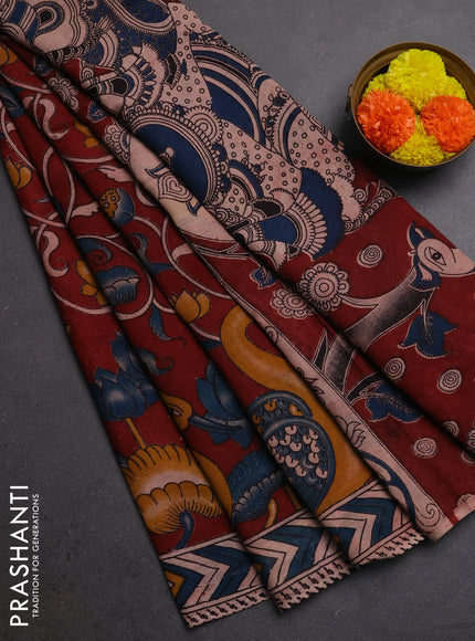 Kalamkari cotton saree maroon and peacock blue with allover prints and printed border