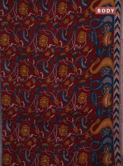 Kalamkari cotton saree maroon and peacock blue with allover prints and printed border
