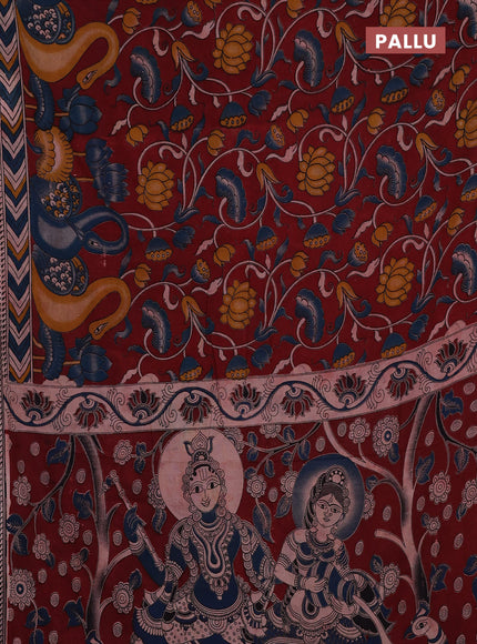 Kalamkari cotton saree maroon and peacock blue with allover prints and printed border