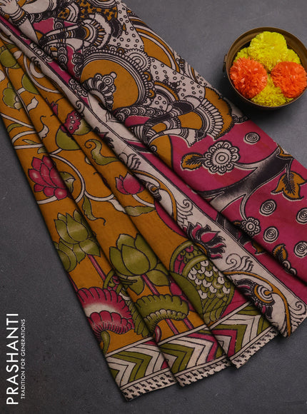 Kalamkari cotton saree mustard yellow and mehendi green with allover prints and printed border