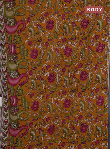 Kalamkari cotton saree mustard yellow and mehendi green with allover prints and printed border