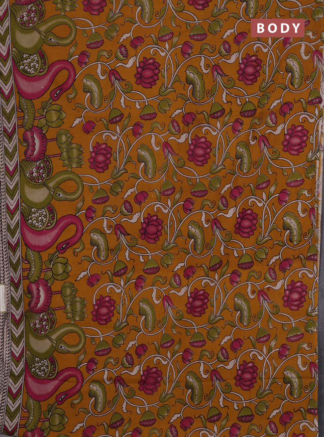 Kalamkari cotton saree mustard yellow and mehendi green with allover prints and printed border