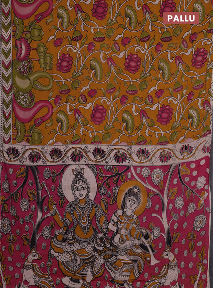 Kalamkari cotton saree mustard yellow and mehendi green with allover prints and printed border