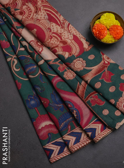 Kalamkari cotton saree pastel green and pink with allover prints and printed border