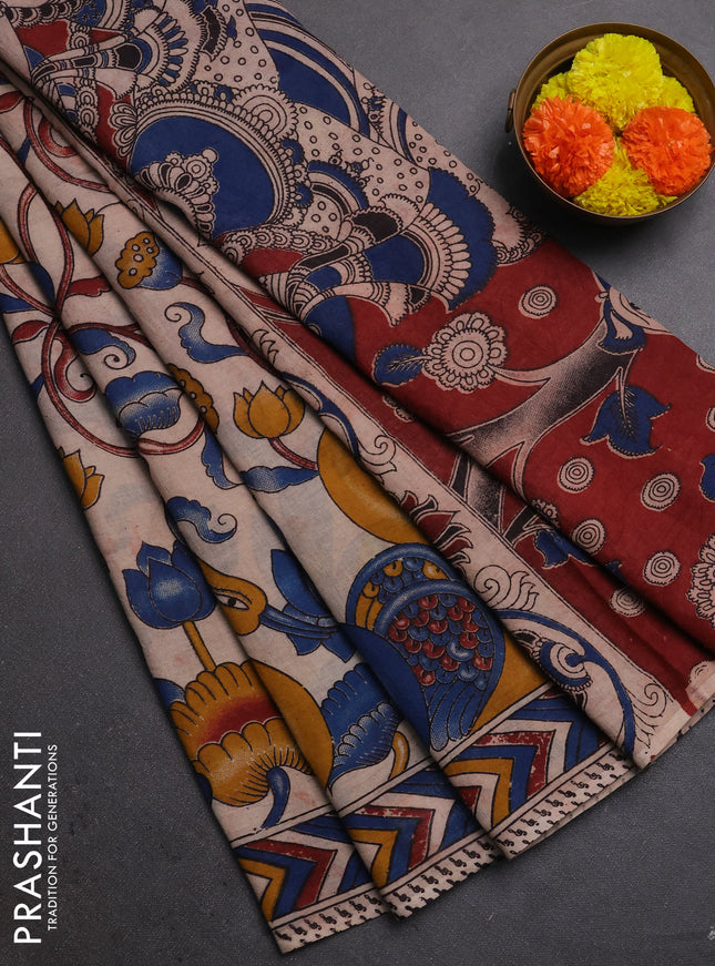 Kalamkari cotton saree blue and maroon with allover prints and printed border