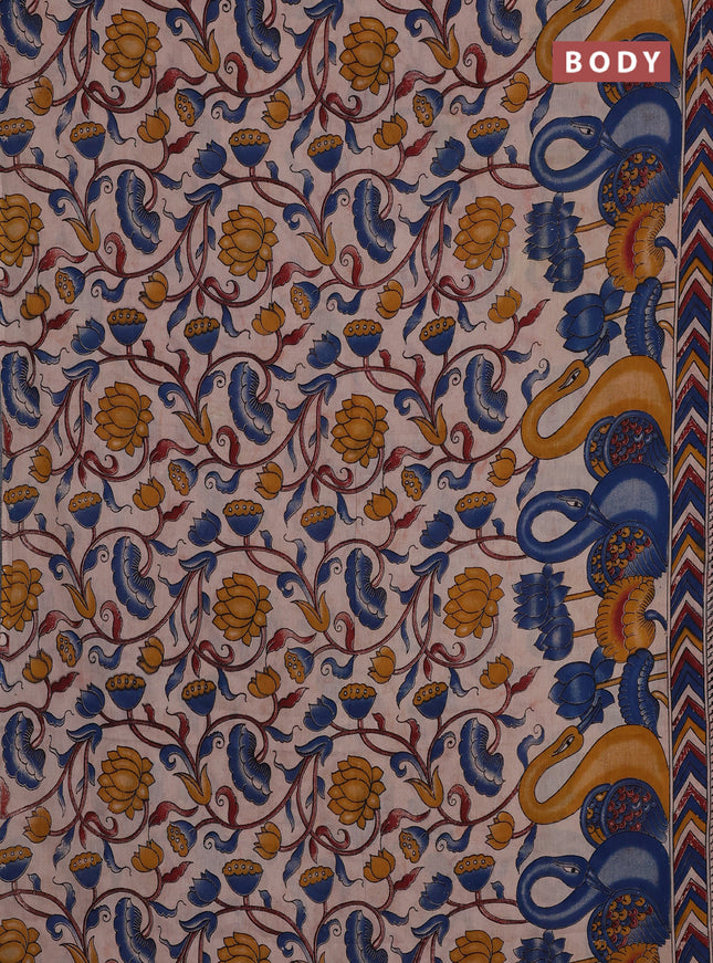 Kalamkari cotton saree blue and maroon with allover prints and printed border