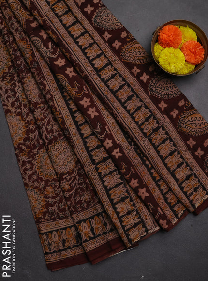 Kalamkari cotton saree coffee brown and black with allover block prints and printed border