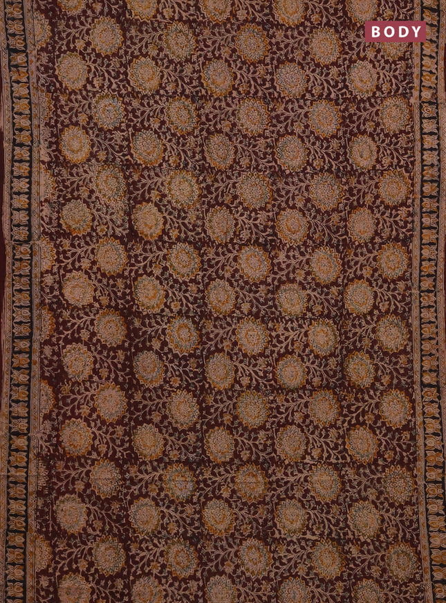 Kalamkari cotton saree coffee brown and black with allover block prints and printed border