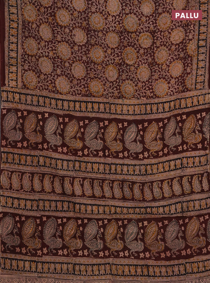 Kalamkari cotton saree coffee brown and black with allover block prints and printed border