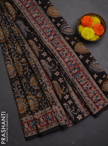 Kalamkari cotton saree black and maroon with allover block prints and printed border