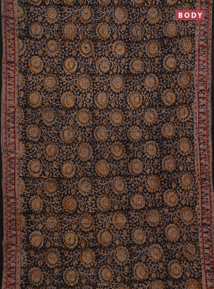 Kalamkari cotton saree black and maroon with allover block prints and printed border