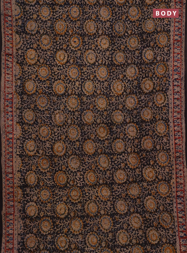 Kalamkari cotton saree black and maroon with allover block prints and printed border