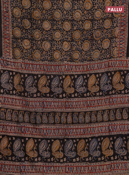 Kalamkari cotton saree black and maroon with allover block prints and printed border