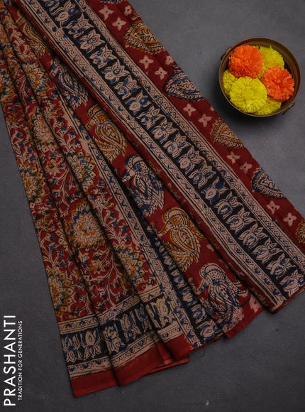 Kalamkari cotton saree maroon and black with allover block prints and printed border