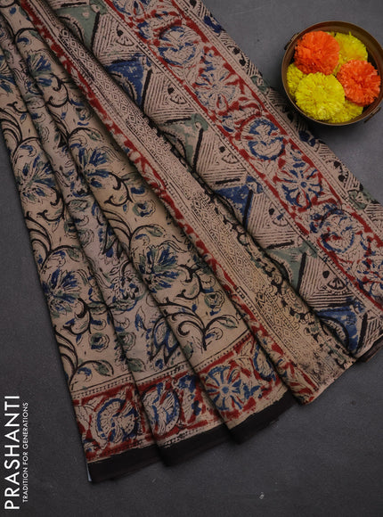 Kalamkari cotton saree beige and maroon with allover block prints and printed border