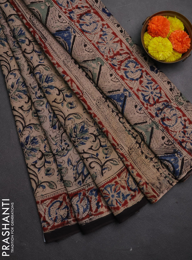 Kalamkari cotton saree beige and maroon with allover block prints and printed border