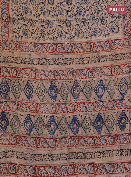 Kalamkari cotton saree beige and maroon with allover block prints and printed border