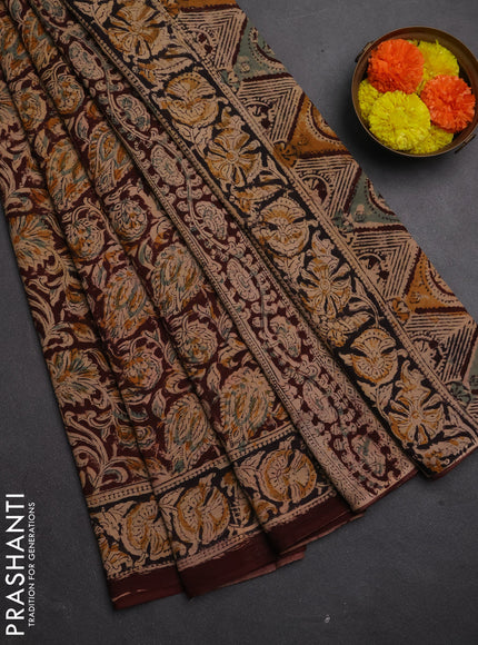 Kalamkari cotton saree coffee brown and black with allover block prints and printed border