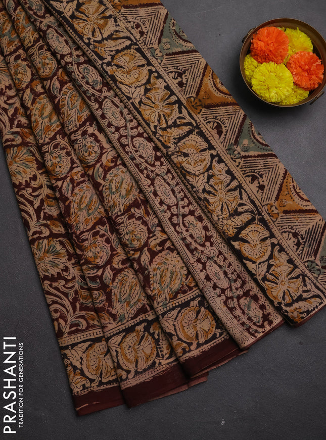 Kalamkari cotton saree coffee brown and black with allover block prints and printed border