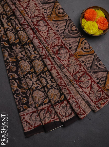 Kalamkari cotton saree black and maroon with allover block prints and printed border