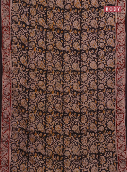 Kalamkari cotton saree black and maroon with allover block prints and printed border