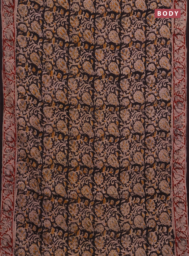 Kalamkari cotton saree black and maroon with allover block prints and printed border