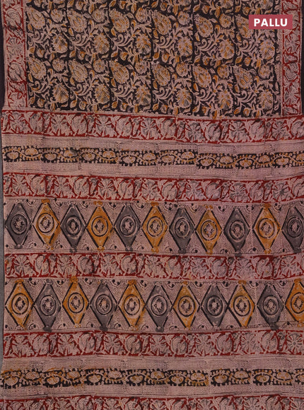Kalamkari cotton saree black and maroon with allover block prints and printed border