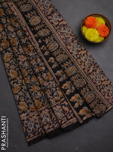 Kalamkari cotton saree black and coffee brown with allover block prints and printed border