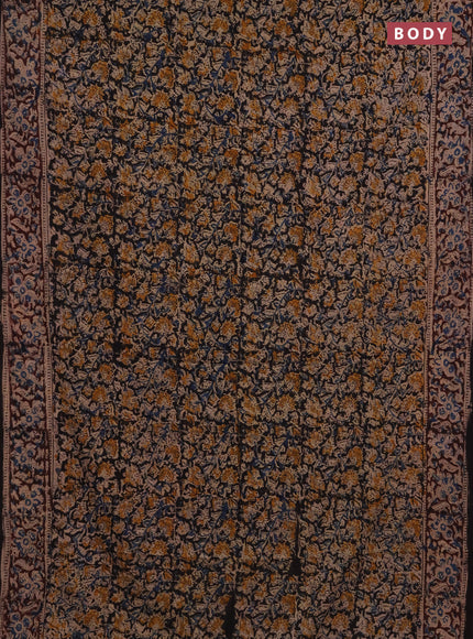 Kalamkari cotton saree black and coffee brown with allover block prints and printed border