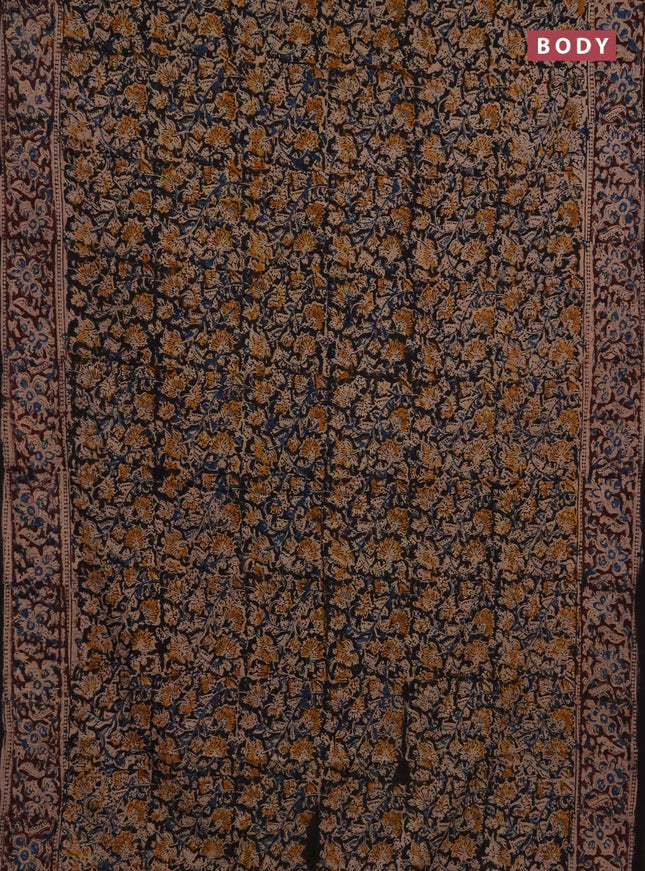 Kalamkari cotton saree black and coffee brown with allover block prints and printed border