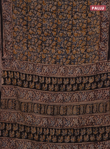 Kalamkari cotton saree black and coffee brown with allover block prints and printed border