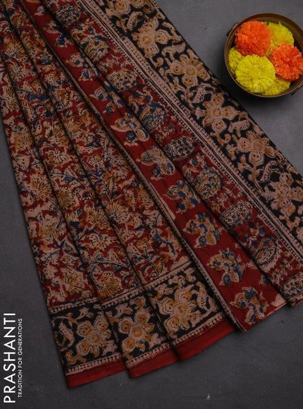 Kalamkari cotton saree maroon and black with allover block prints and printed border