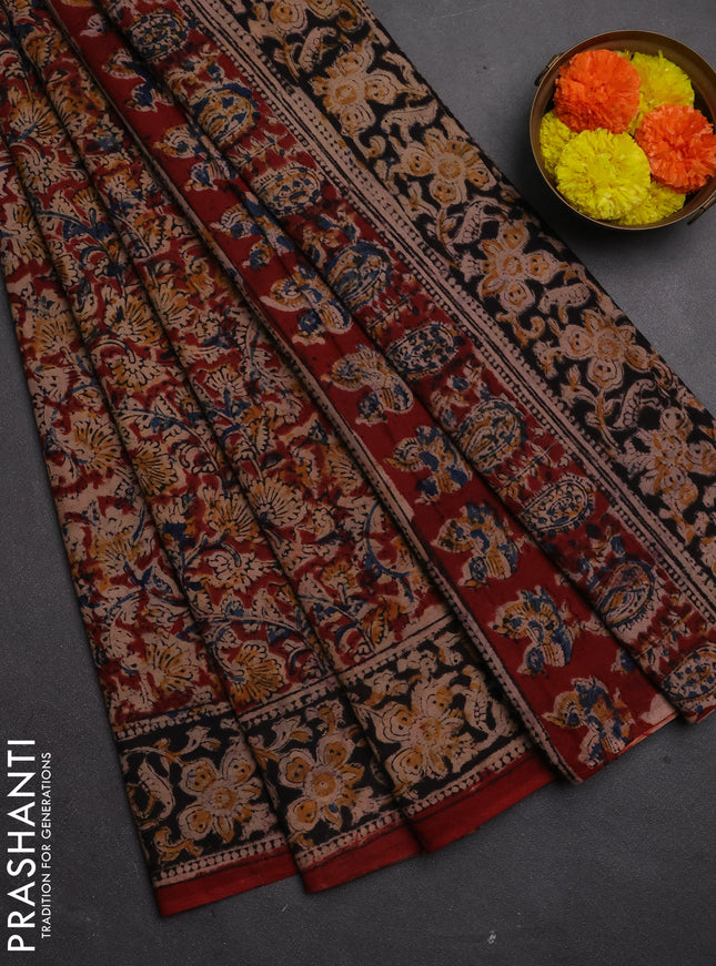 Kalamkari cotton saree maroon and black with allover block prints and printed border