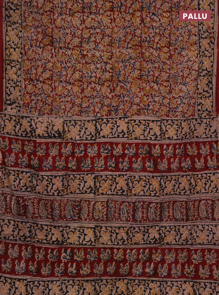 Kalamkari cotton saree maroon and black with allover block prints and printed border