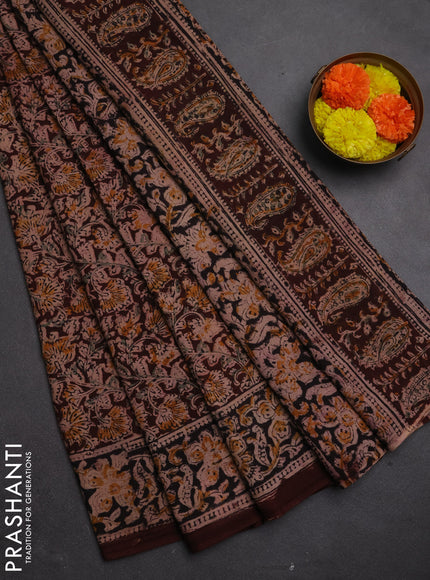 Kalamkari cotton saree coffee brown and black with allover block prints and printed border